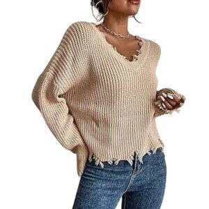 HYFVE Distressed Beige Distressed V-Neck Knit Sweater - Womens Size L